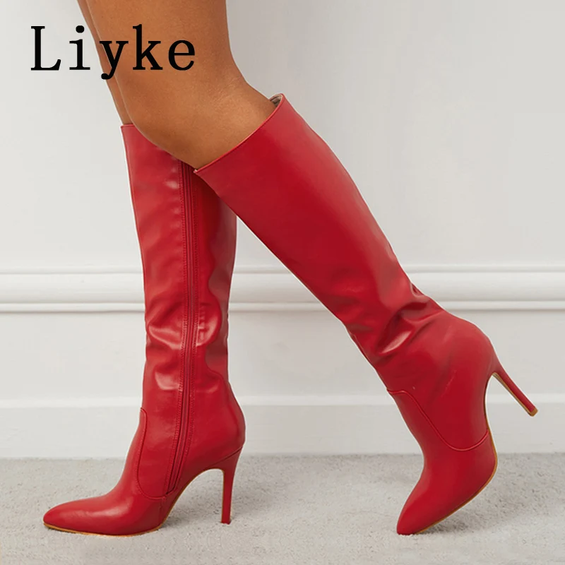 Liyke 2024 Sexy Pointed Toe Pole Dance Stiletto Heels Knee High Boots Fashion Zip Black White Women Long Shoes Botas Altas Mujer