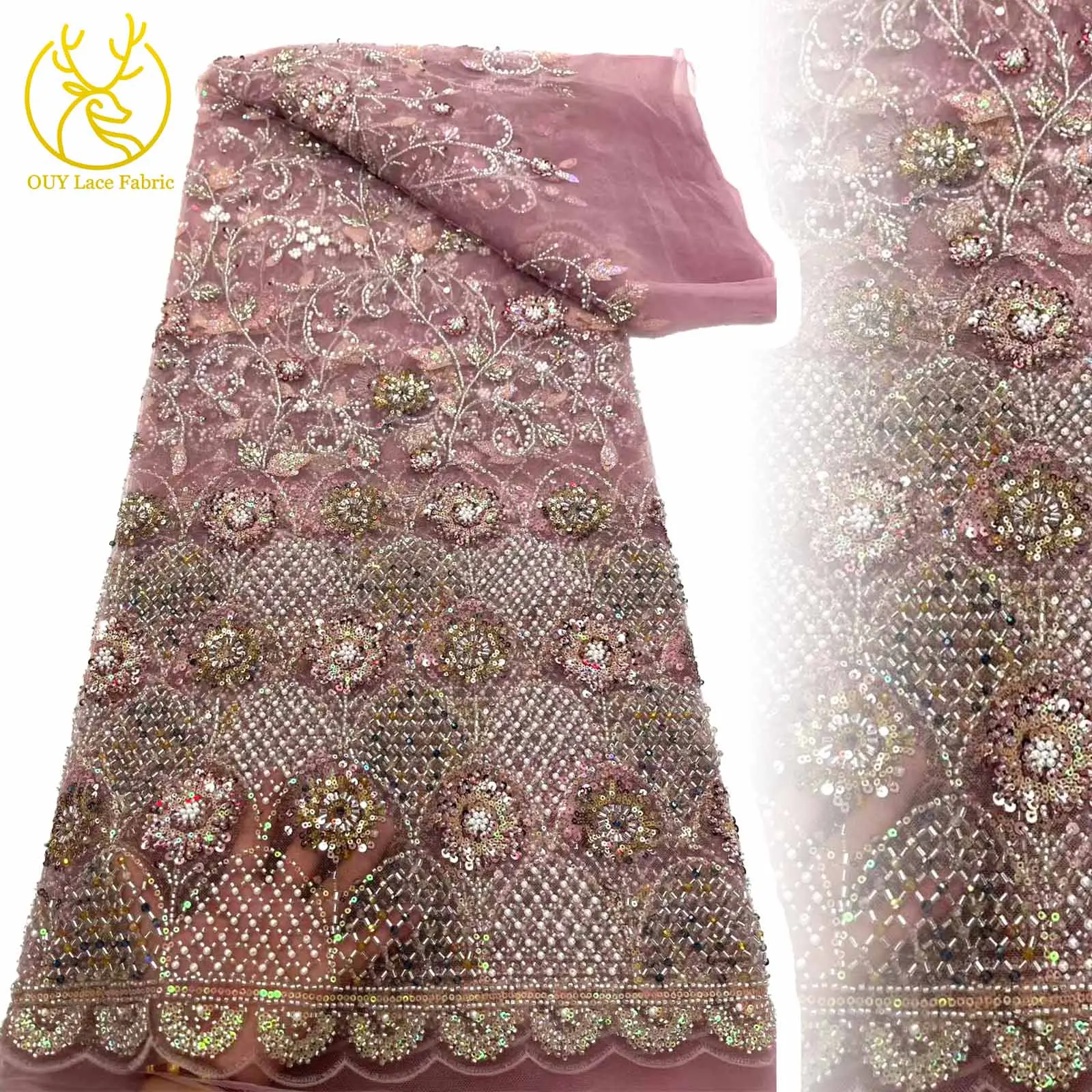 

2025 Peach Beautiful African Sequin Lace Fabric 5 Yards French Nigerian Groom Beaded Lace Fabric for Party Wedding Dress Sewing