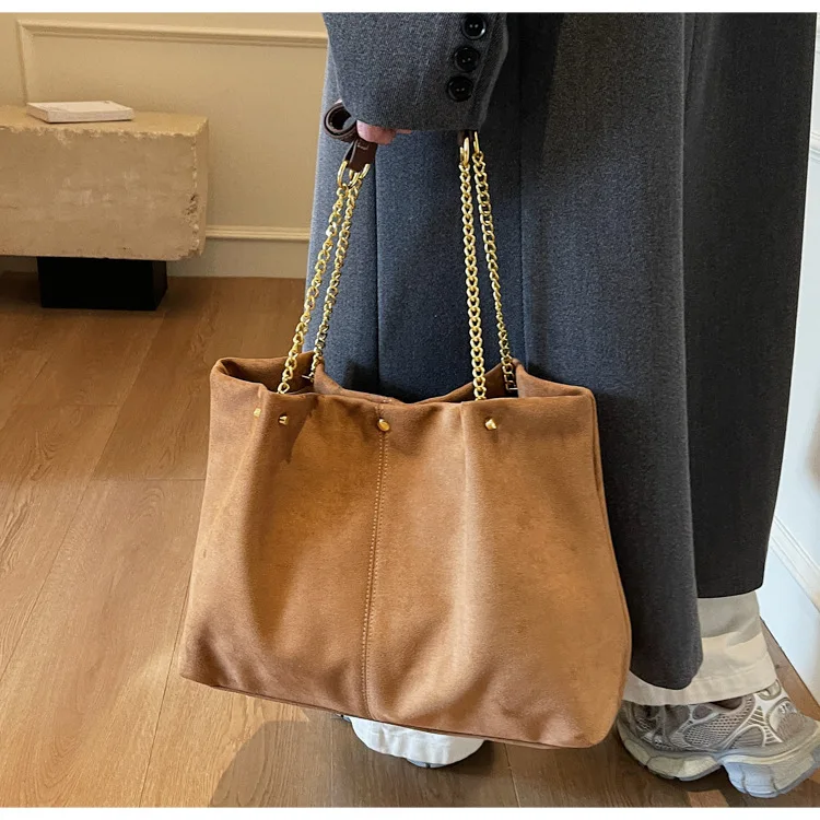 Suede vintage commuter women's chain single-shoulder bag, horizontal square large-capacity tote bag handbag