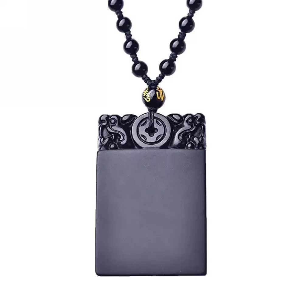 

Natural obsidian crystal Wu Shi Pai double dragon necklace amulet pendant with adjustable chain