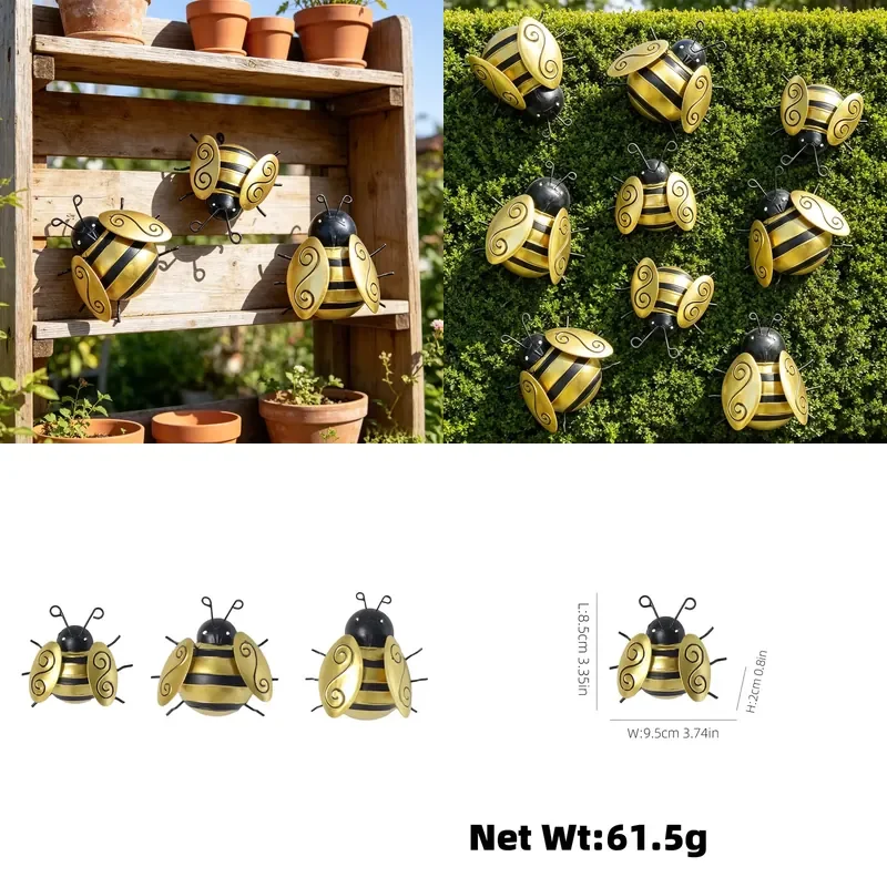 for  Pastoral Creative Little Bee Wrought Iron 3D Irregular Wall Decor Home Living Room Decoration Golden Bee