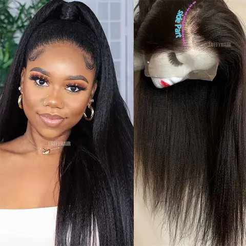 Kinky Straight Full Lace Wigs Human Hair Pre Plucked With Baby Hair 180% Density Yaki Straight Transparent Full Lace Wigs