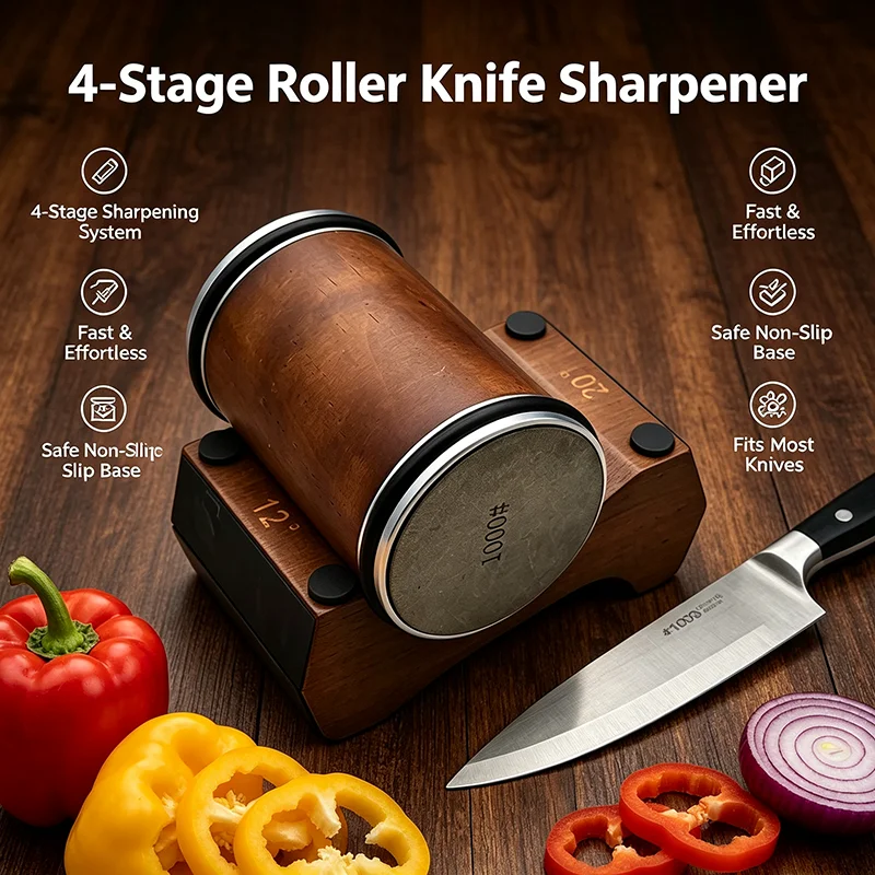 Rolling Knife Sharpener 4 Angle 12/15/18/20 Wooden Base Magnetic Suction Kitchen Chef Manual Knife Sharpening Diamond Stone Tool