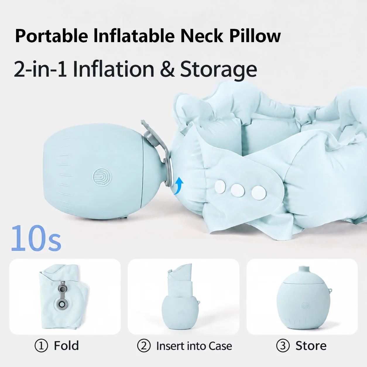 2-in-1 Pump & Storage Case Inflatable Neck Pillow, 360° Support for Airplane, 10s Inflation, Car & Travel, Easy Carry & Clean