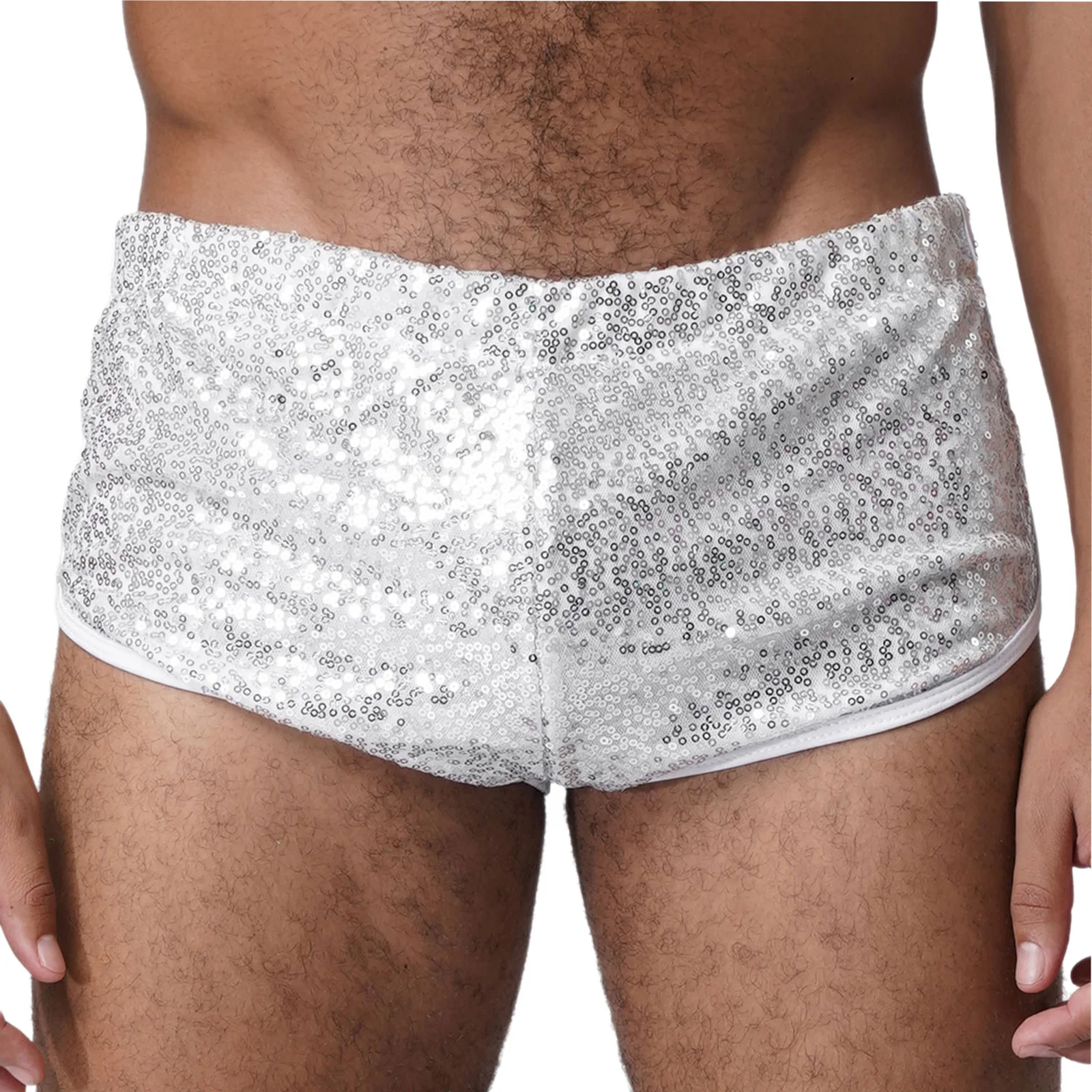 Men Low Rise Shiny Mini Shorts Pants Elastic Waist Briefs Sparkling Sequins Shorts for Club Beach Poolside Party Dance Shorts