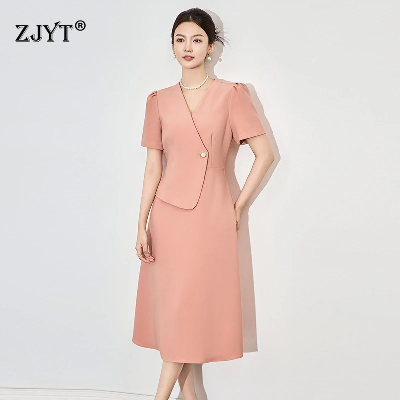 

ZJYT Summer Women's Elegant Chic V-Neck Midi Dress Short Sleeve One Button Casual Office Dress Black Simple Formal Daily Wear
