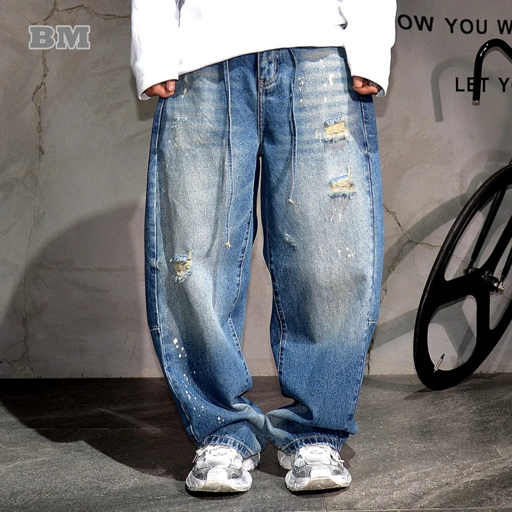 American Streetwear Distressed Ripped Baggy Jeans For Men Hip Hop Skateboard Denim Pants Trendy Men Clothing Korean Trousers