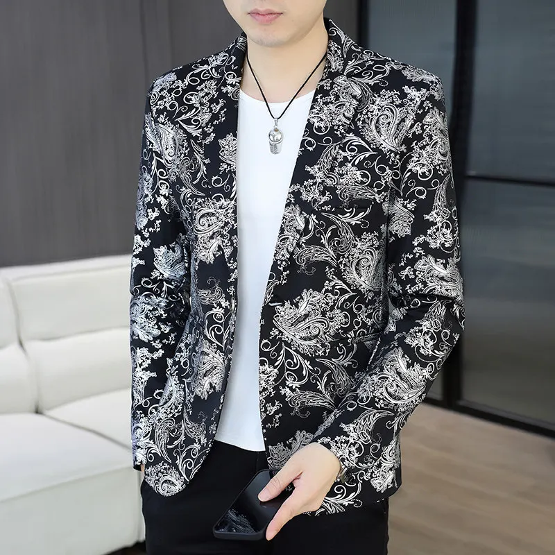 ชุดลำลองผู้ชายแฟชั่นพิมพ์ลายทองคำ แจ็คเก็ตทรงเข้ารูป ผ้าใยโพลีเอสเตอร์ สไตล์คนเมือง แขนยาว ลายดอกไม้...
