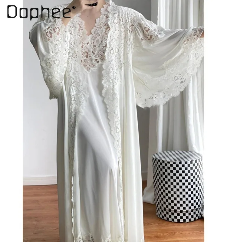 French Retro Gentle Wind Deep V Lace Splicing Suspenders Loose Wide Version Horn Sleeve Robe Two-piece Set Women Home Clothes