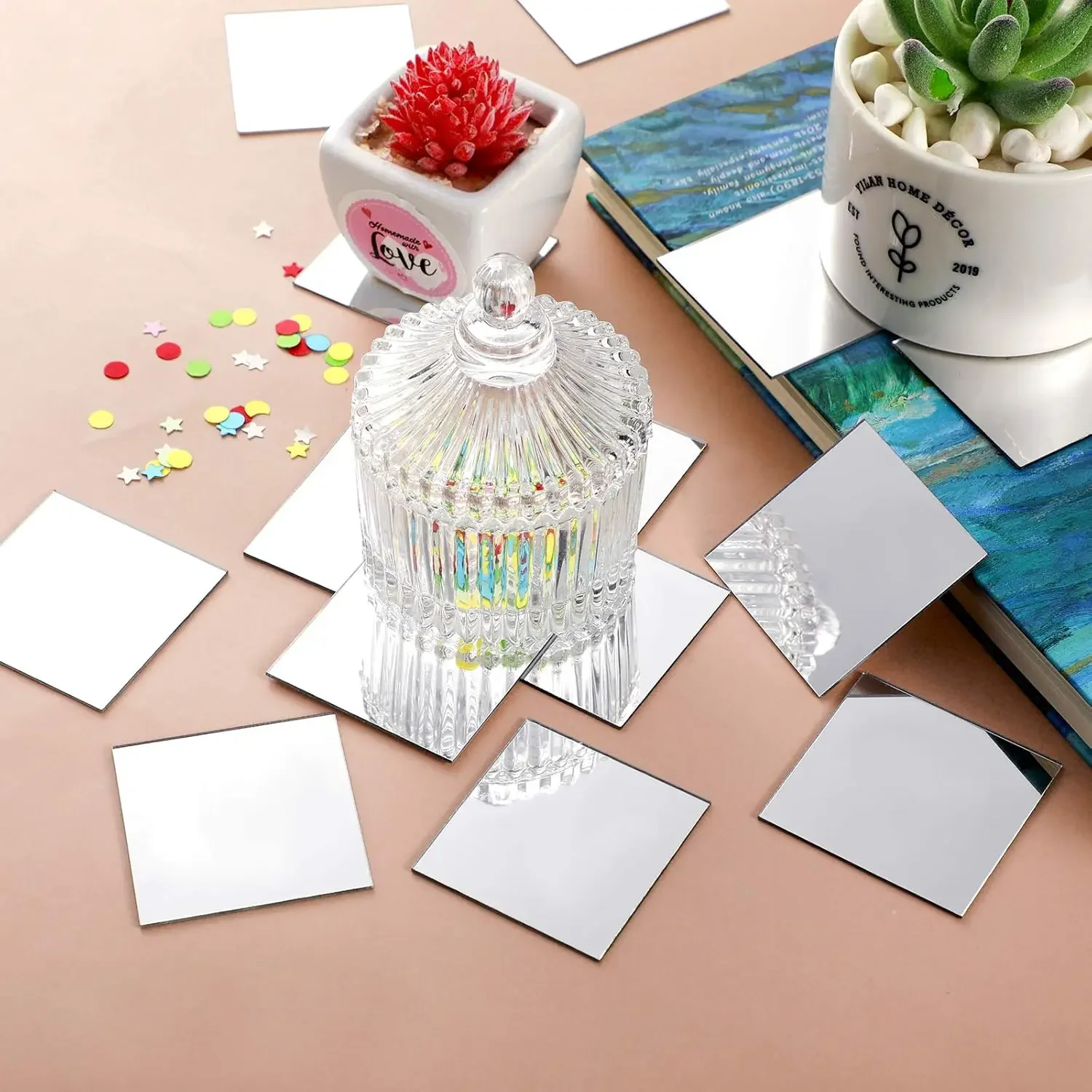 Mini Size Square Mirror Adhesive 1 2 3 4 Inch Square Craft Tiles for Crafts DIY Projects Supplies Home Decoration (100Pack)