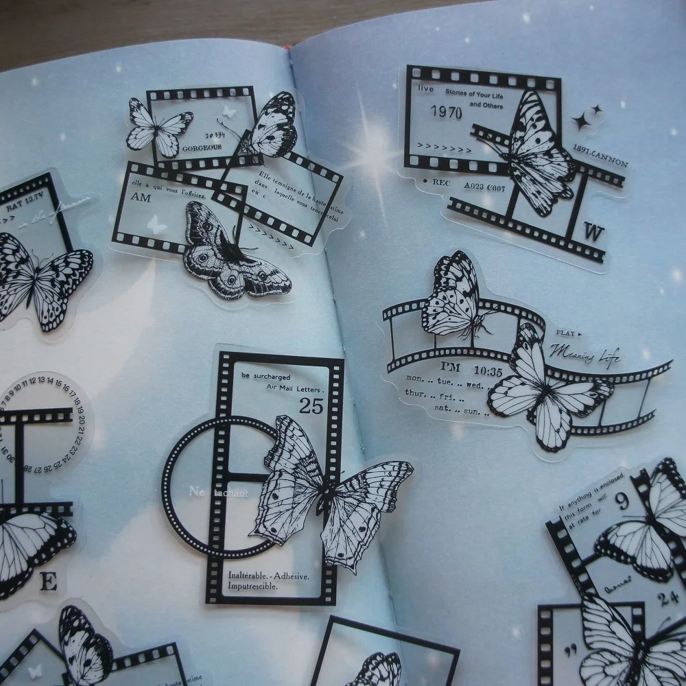 

28pcs Flowers and Butterflies in Black and White Glue Pieces Style PVC Sticker Scrapbooking DIY Gift Packing Decoration Tag