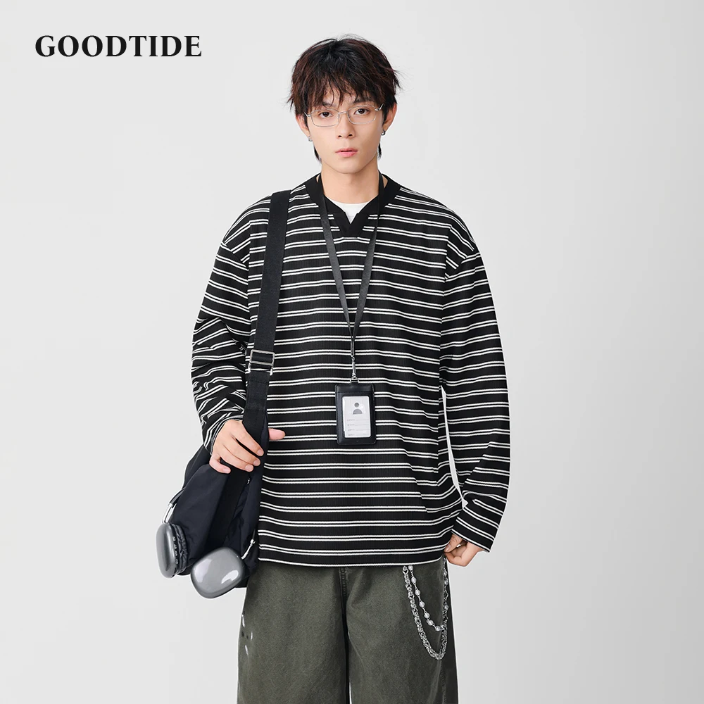 

Fashion Men's Casual Long Sleeve T Shirt 2025 Spring Autumn Striped Pattern with V Neck Design and Loose Fit Comfortable Top