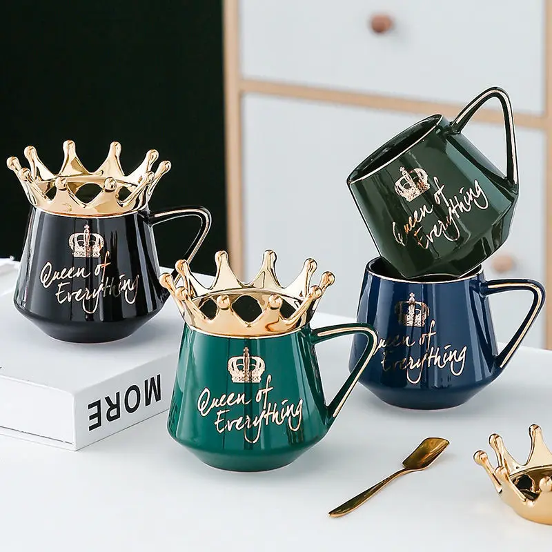 Creative Luxury Nordic Crown Mug Personalized Trendy Cap with Spoon Coffee Cup Home Office Student Ceramic Cups