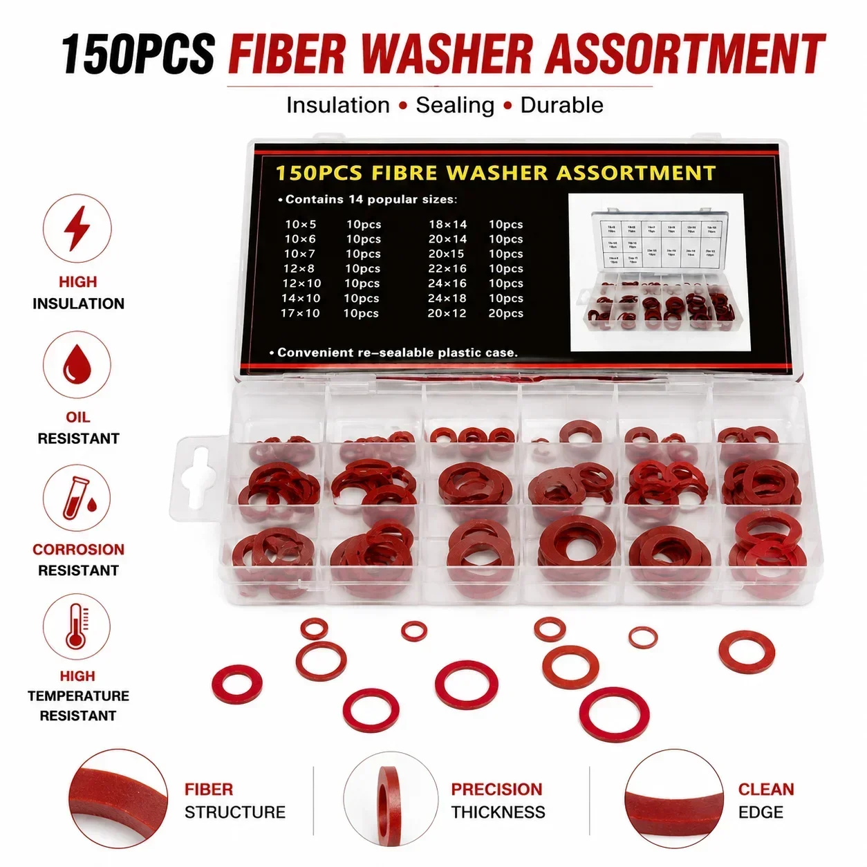 150 Pieces of Red Steel Paper Flat Gasket Repair Box ID5-18mm OD10-24mm Household Electromechanical Spare Parts Repair Box