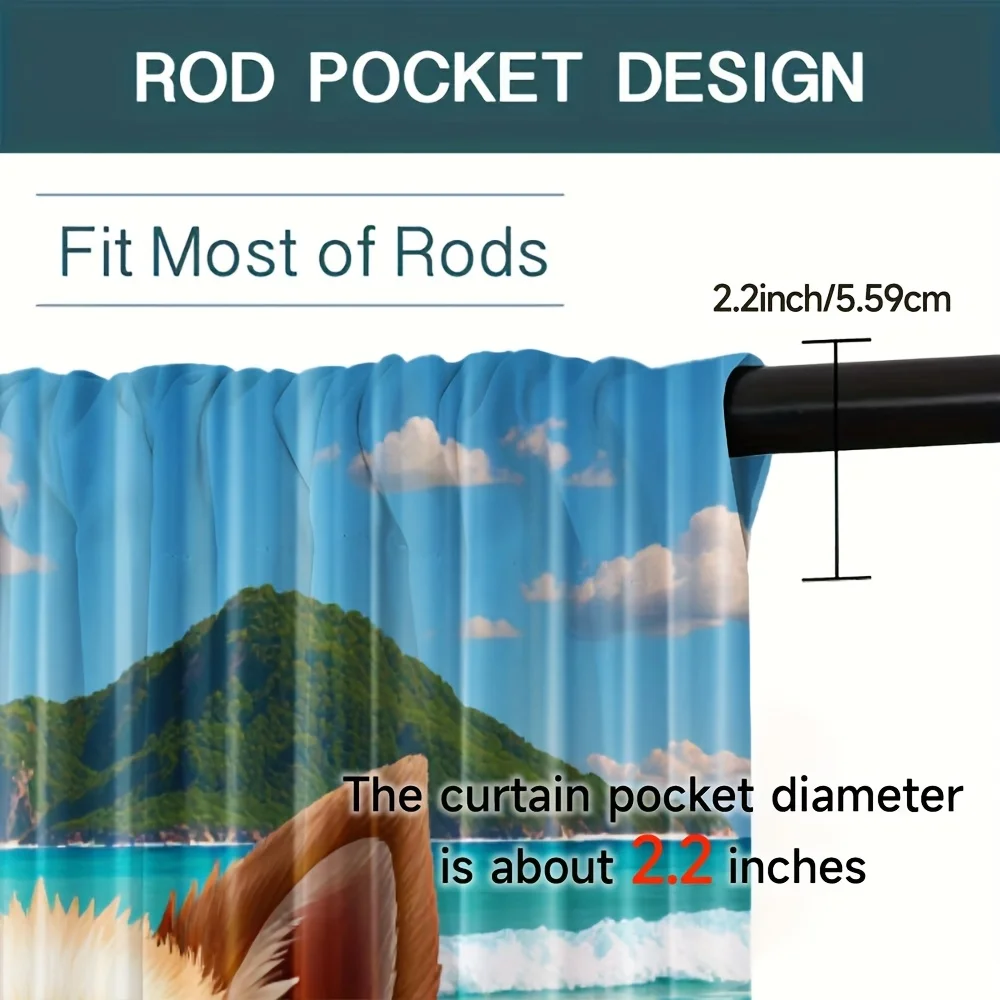 Summer Beach Pomeranian Rod Pocket Curtain Sunglass Puppy Float Ring Tropical Island Sea Print For Kids Bedroom Vacation Style