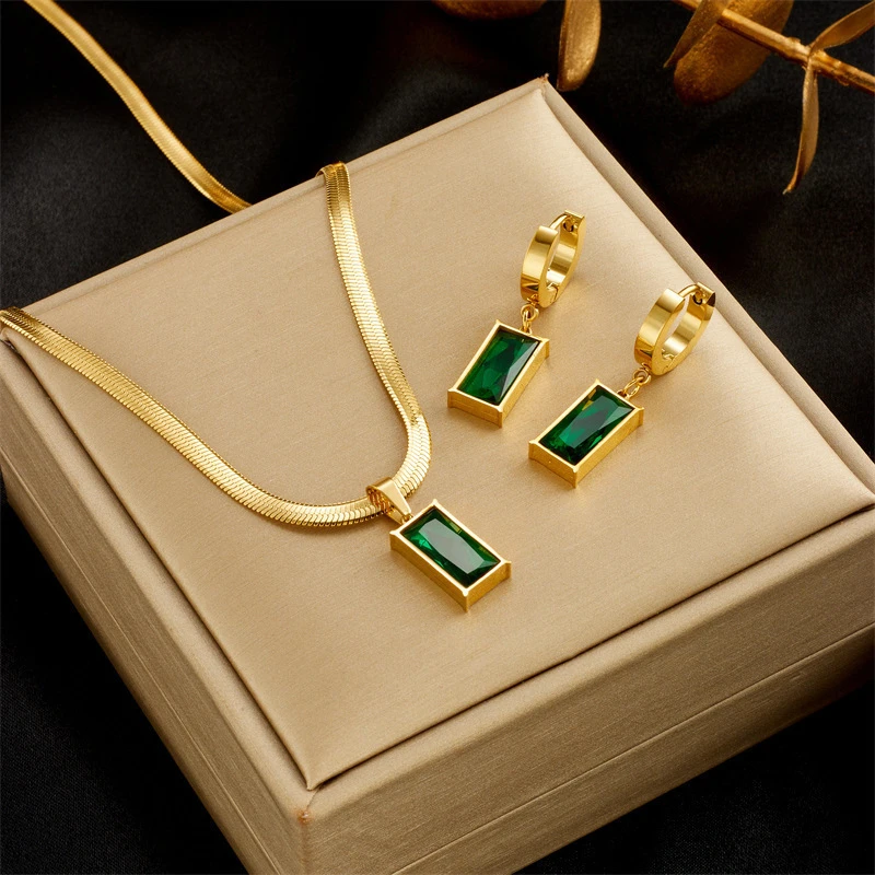 316L Stainless Steel New Fashion Fine Jewelry Embed Zircon Carving Good Luck Charm Chain Choker Necklaces Earring For Women