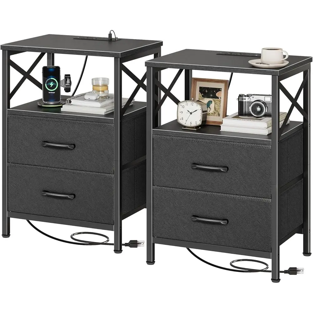 

Pair of Modern Nightstands with USB-C, Open Shelf, Ideal for Small Spaces, Black X-Shaped Design