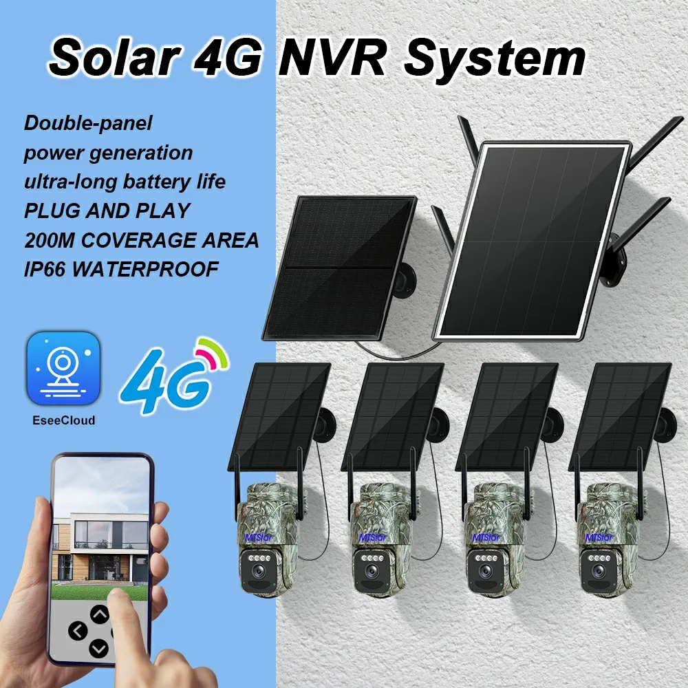 MTStar Solar 4G PTZ Camera System IP66 Waterproof Color Night Vision PIR Detection Two Way Audio Security Monitor NVR EseeCloud