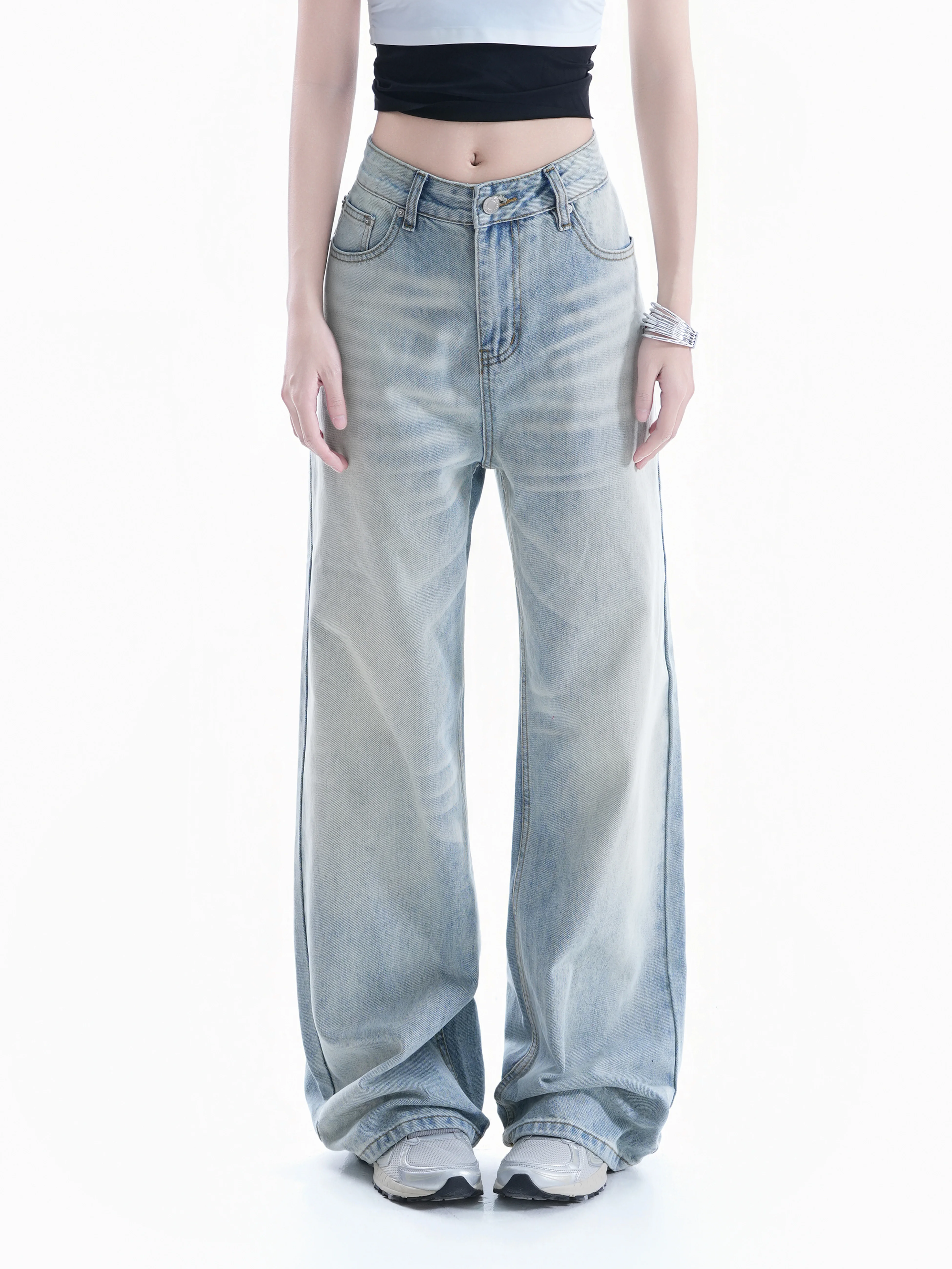 

Vintage Faded Wide Leg Jeans Women Loose American Straight Long Pants Slimming Floor-Length Trousers Cotton Natural Waist