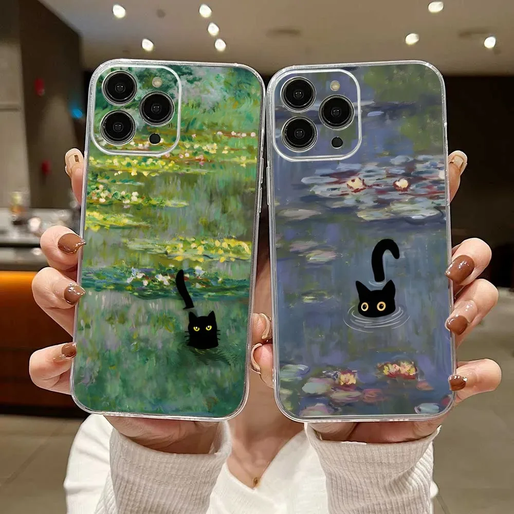 

Monet Van Gogh Funny Cat Phone Case For iPhone 16,15,14,13,12,11 Plus,Pro,Max,XR,XS,X,7,8 Plus,SE,Mini Transparent Silicone Soft