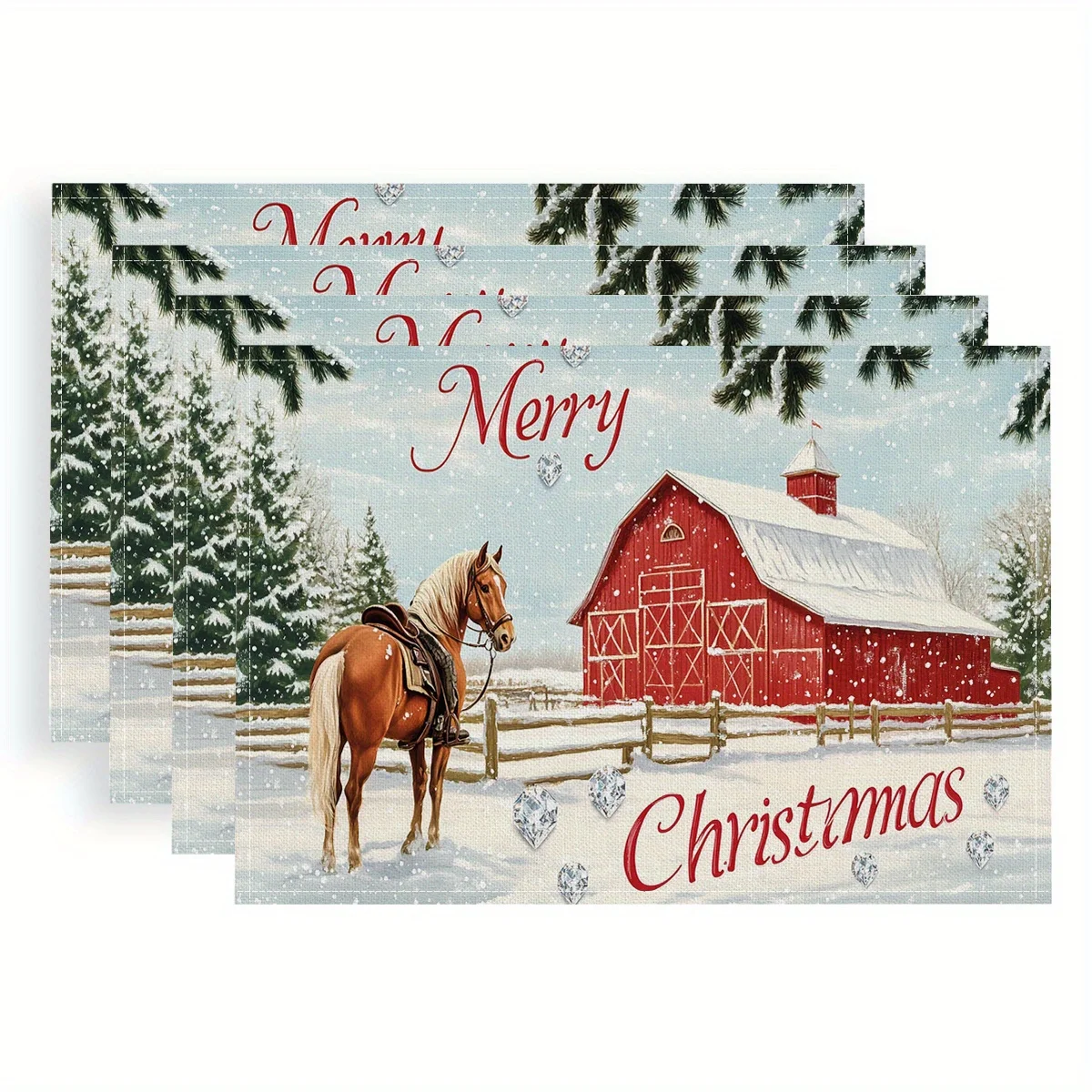 4pcs Festive Christmas Placemats Snowy Red Barn  Horse Scene Polyester Digital Print, 18x12 Inches Hand Wash