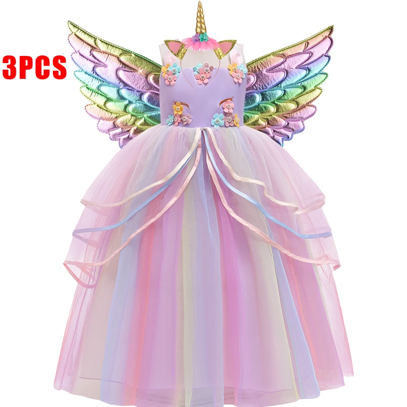 Summer Rainbow Unicorn Girls Dress Cosplay Costume Flower Appliques Birthday Party Kids Dresses for Girl Bridemaid Princess Gown