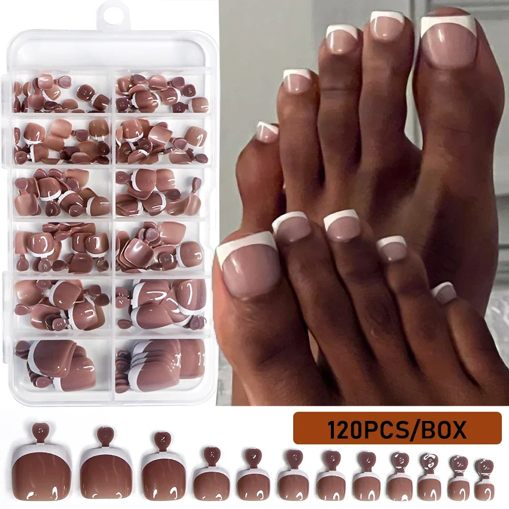 1 กล่อง Dark กาแฟสั้นสแควร์กดบนเล็บเท้าเคล็ดลับฤดูร้อนชายหาดเต็มรูปแบบภาษาฝรั่งเศสคําเล็บปลอม Glossy ไม่เป็นอันตรายเล็บปลอม