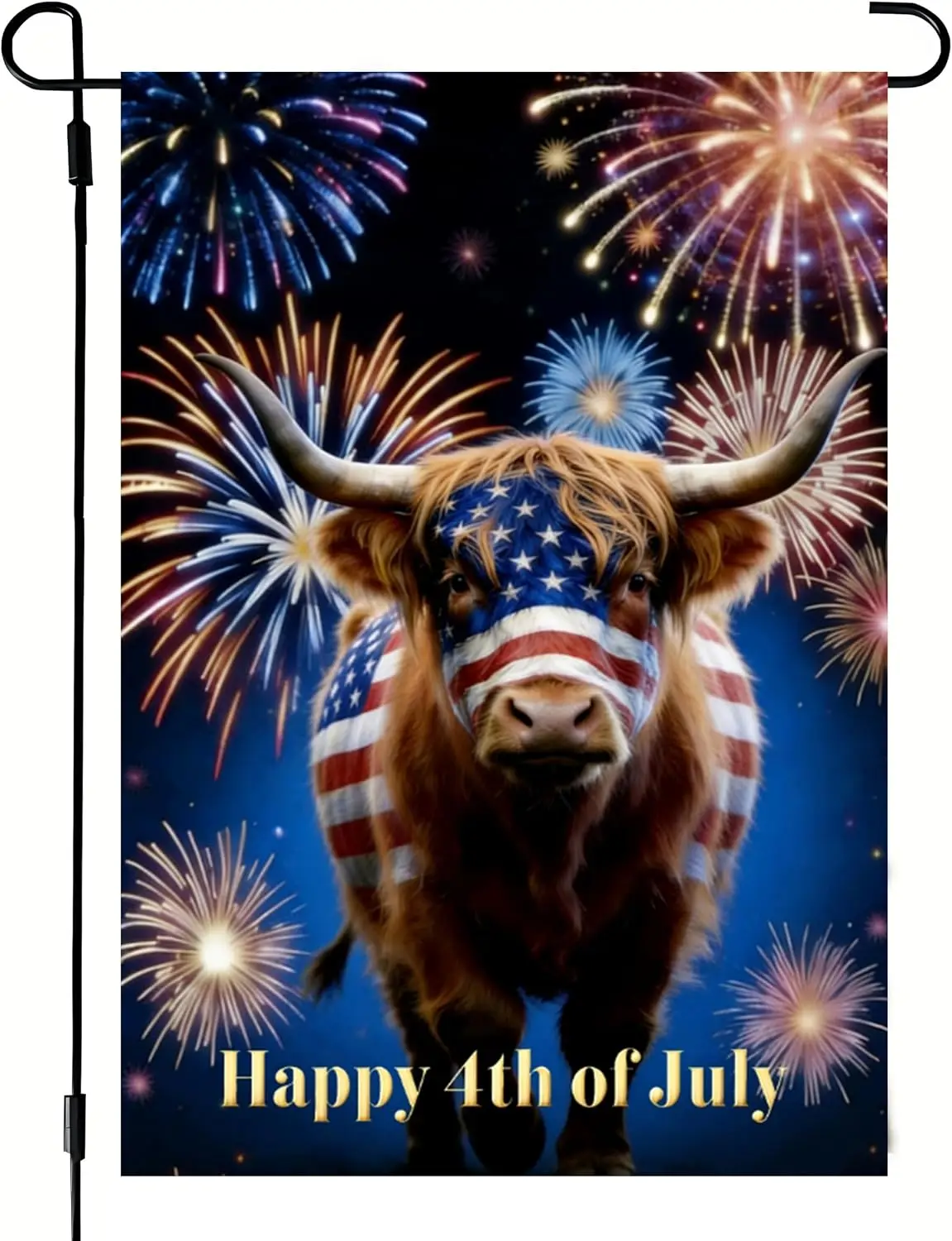 4th of July Highland Cow Garden Flag 12x18 Double Sided Outside | Small Burlap Patriotic Yard Flags Memorial Day Fourth of J uui