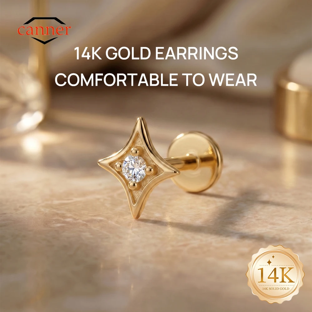 

CANNER 1PC 14K Solid Gold Four-pointed Star Four-Claw CZ G23 Titanium Piercing Ear Bone Women Hypoallergenic Stud Earring Gift