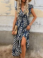 Vestido de manga corta con estampado de temperamento para mujer, dobladillo largo con cordones, cuello en V, estilo elegante, moda de verano