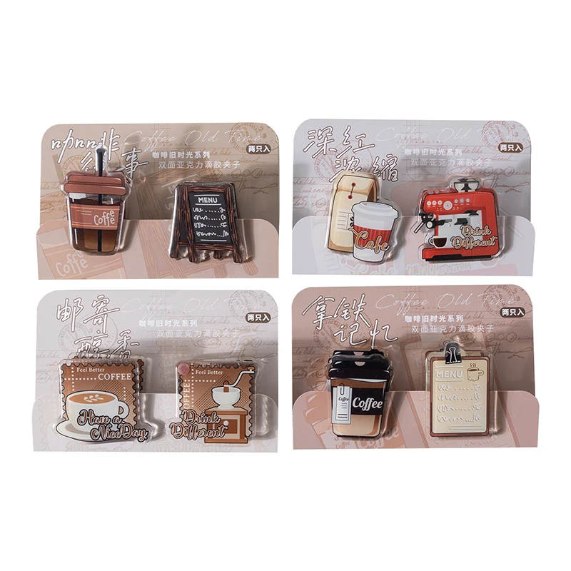 Clipe de café acrílico para menina, Old Time Series, Vintage Drip Office Supplies, Material adesivo Handbook, Molho de tomate, Card Lover, 2 pcs