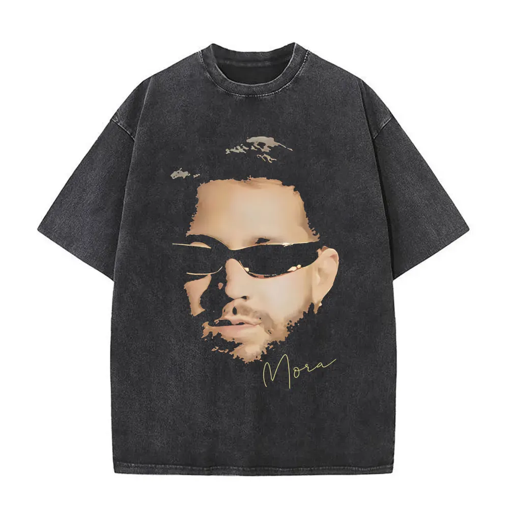 

Washed Vintage Rapper Mora Face Graphic T-shirt Men Women Hip Hop Fashion Pop Music T Shirts Men's Casual Oversized Streetwear