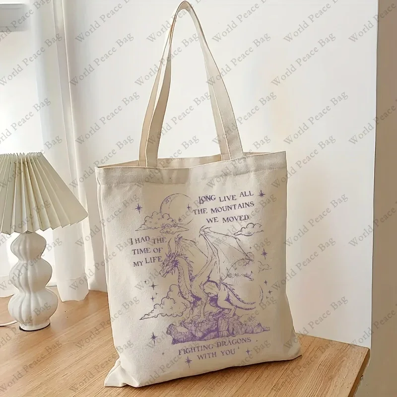 1 Pc Fighting Dragons Print Handbag, Large Capacity Canvas Shoulder Bag, Funny Flying Dragon Print Tote Bags