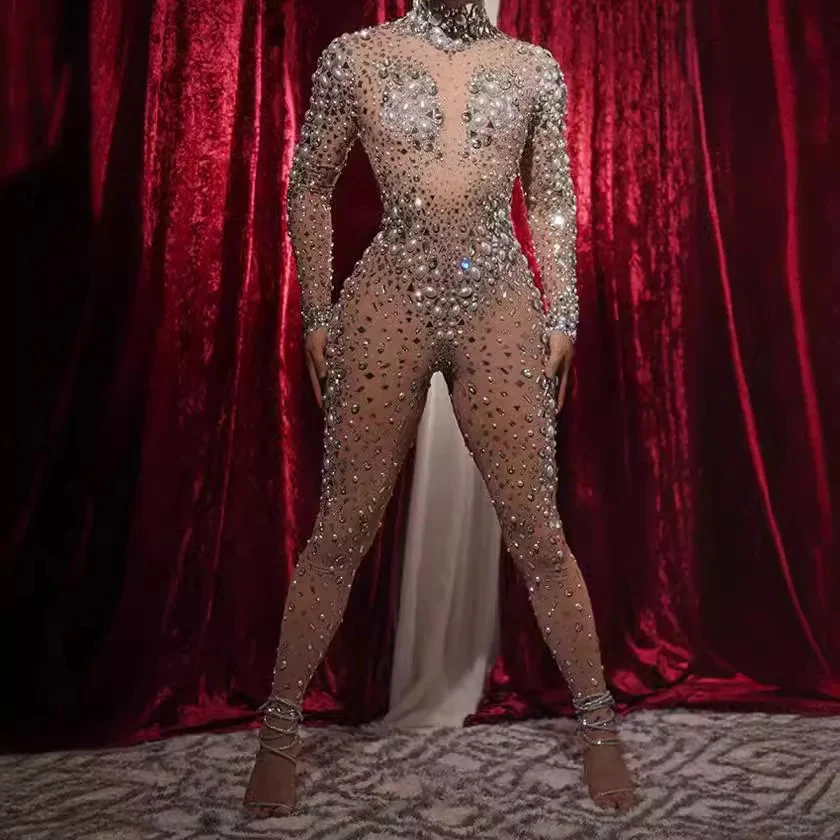 

Вечерний наряд для дня рождения: сексуальный боди для танцовщиц с крупными жемчужинами и стразами, эластичный прозрачный комбинезон