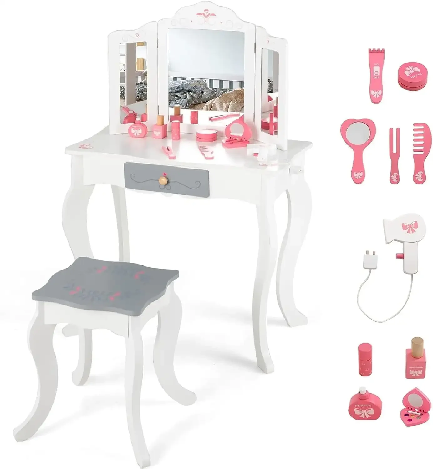 

Kids Vanity, 2 in 1 Princess Makeup Desk and Stool Set with Tri-Folding Detachable Mirror 10 Accessories and a Storage Drawer