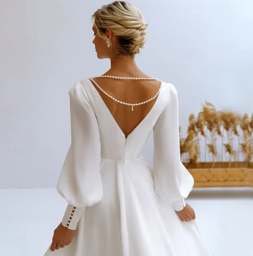 A 라인 주름 배 심플 쉬폰 신부 가운 백리스 지퍼 트레인 베스 티드 드 노비아 v 넥 웨딩 드레스 긴 소매