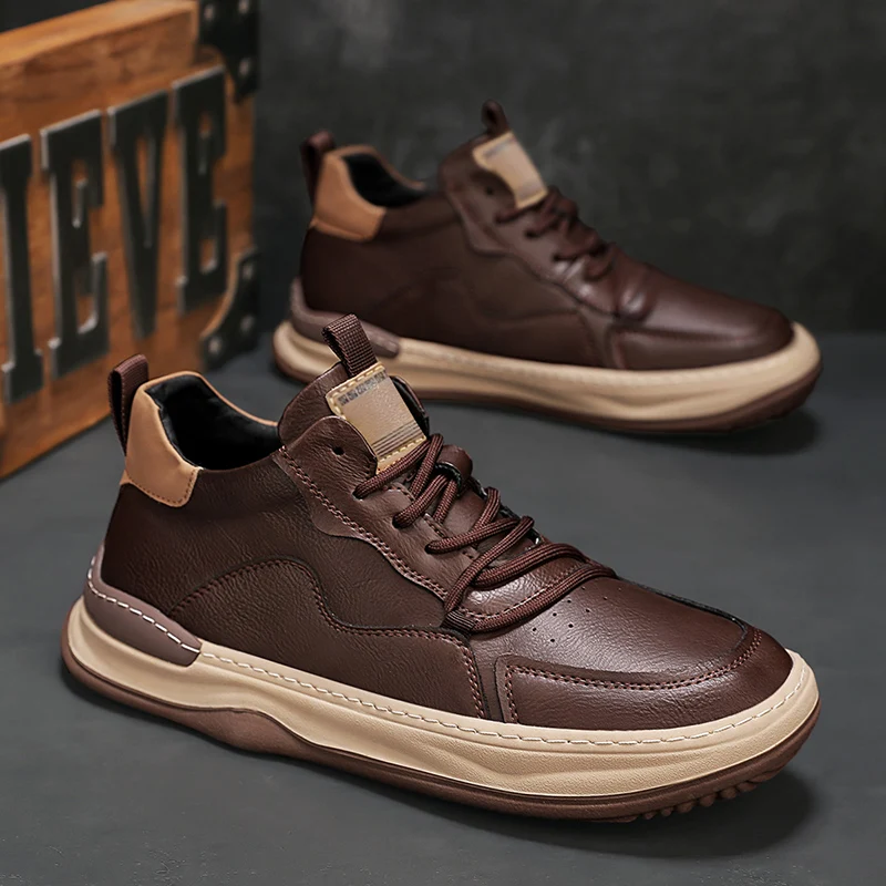 

Кроссовки мужские кожаные, Повседневная Удобная обувь на плоской подошве, на шнуровке