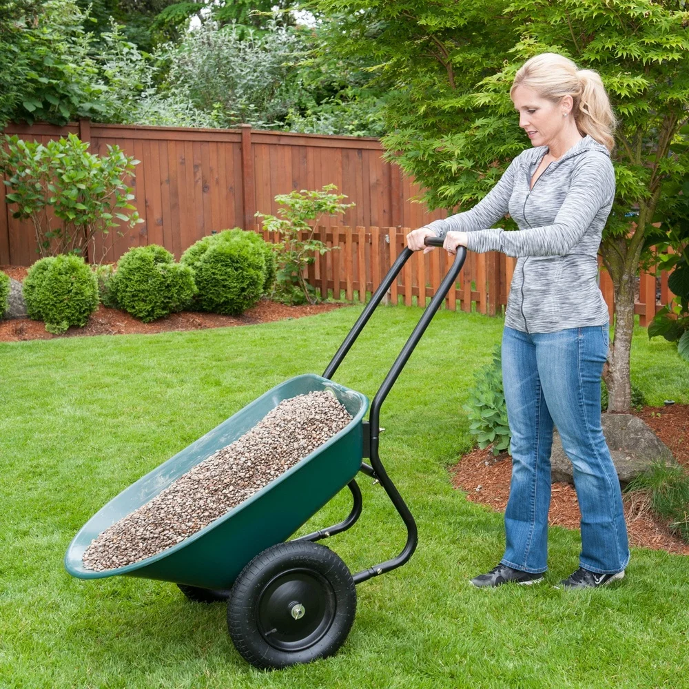 Yard Rover Dual Tire Wheelbarrow 300lb Load Capacity Easy Maneuvering Outdoor Projects Durable Poly Tray Loop Handle