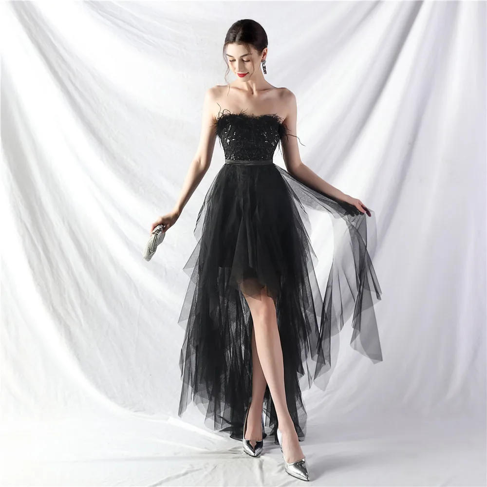 High Quality Black 2024 Evening Dress Strapless High Low Chic Feathers Sequin Tulle Homecoming Prom Party Gowns Dropshipping