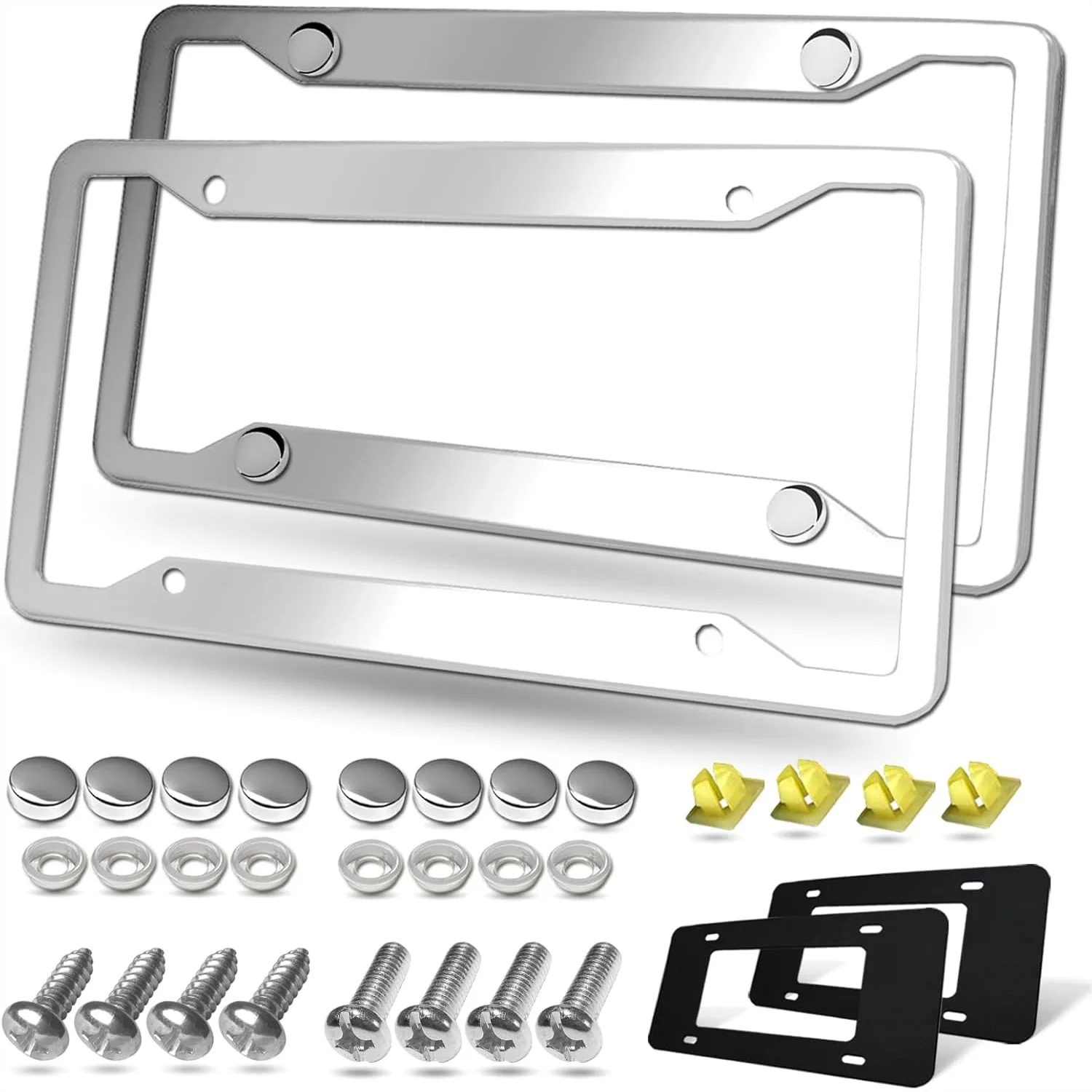 

Stainless Steel License Plate Frames 2 Pack Heavy Duty Polished Mirror Car Tag Cover with Chrome Screw Caps, 4 Holes Front &