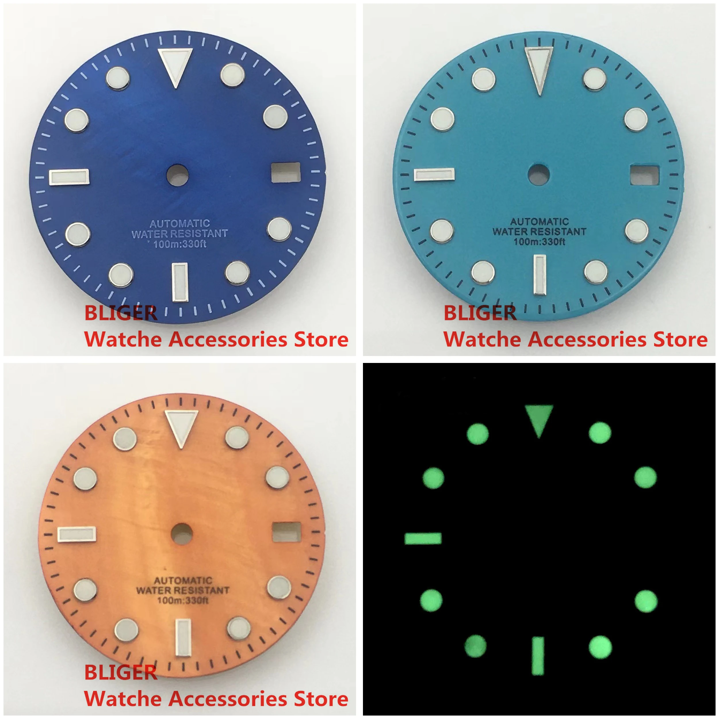 BLIGER 29mm Blue Green Orange Gray Mother Pearl Shell Watch Dial With Green Luminous Fit NH35 Movement  3.0 /3.8 o'clock Crown