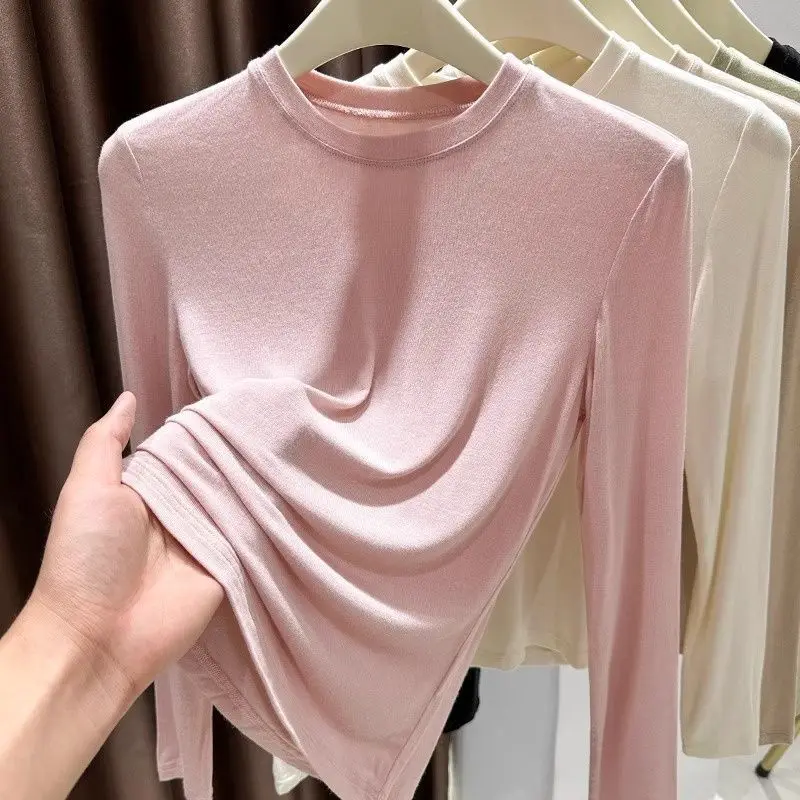 Pink round Neck Modal Base Shirt Women's Long Sleeve T-Shirt Spring New Style Korean Version Slim Fit Pure Color Commute Style