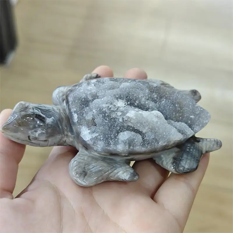 Natural Druzy Agate Turtle Carving Figurine Healing Energy Gemstone Crystal Crafts For Christmas Gift 1PCS