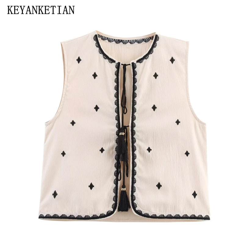 

KEYANKETIAN 2025 Summer New Ethnic style Tassel Lace Up Embroidery Waistcoat Vest Women's O-Neck Sleeveless Crop Top Camisole