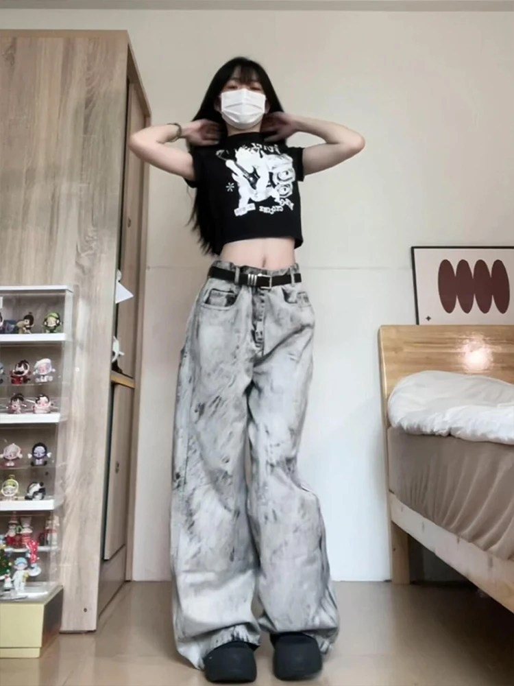 

Waed Floral ey Denim Pants High Waist Loose Wide Leg Jeans Women's Summer New Sle American High Street Loose Straight