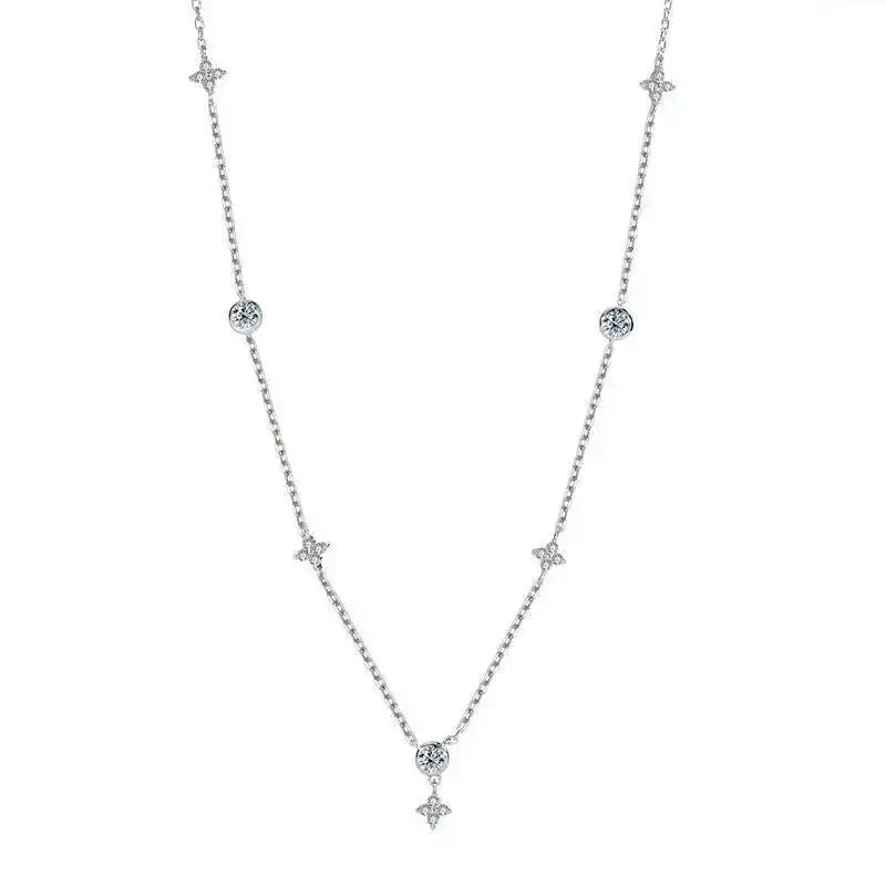 S925 Silver Moissanite Four-Leaf Clover Star Necklace Ins Niche Design Light Luxury Elegant Collarbone Chain Gift For Her