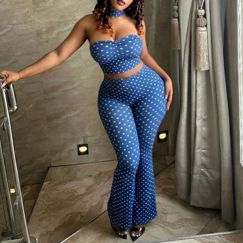 

OMSJ Women Elegant Polka Dot 3-Pieces Streetwear Neck Decoration+Strapless Tube Top+Slim Flare Pants Fashion Contrast Color Suit