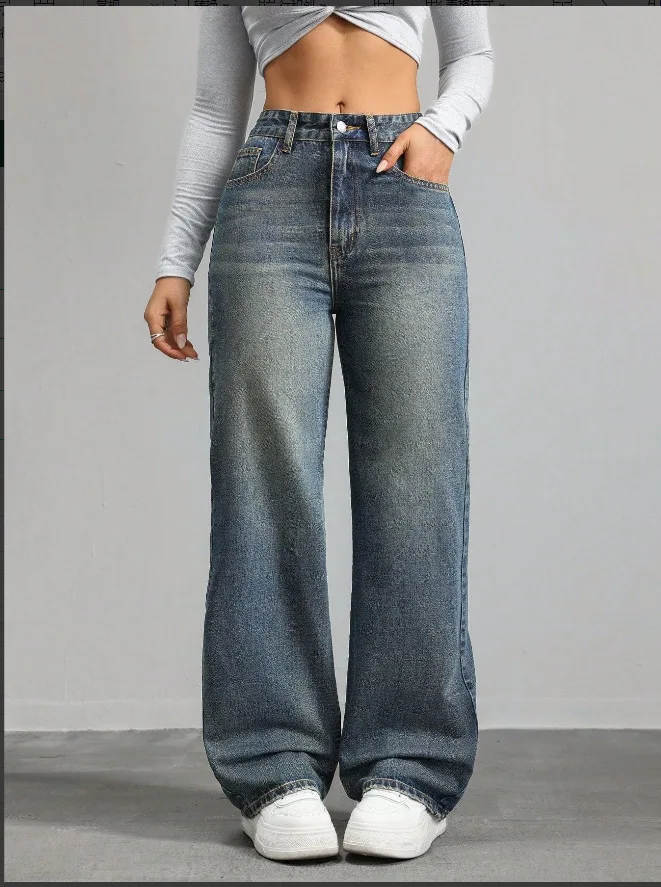 

American Retro Waed Straight Leg Jeans Women High Street Simple Casual Wide Leg Long Pants Cotton Vintage Denim