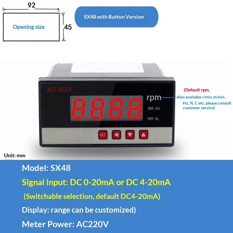SX48-r/min Digital Display Instrument Tachometer/Frequency Meter Input 0-10V/0-20mA/4-20mA Display with Customisable Settings