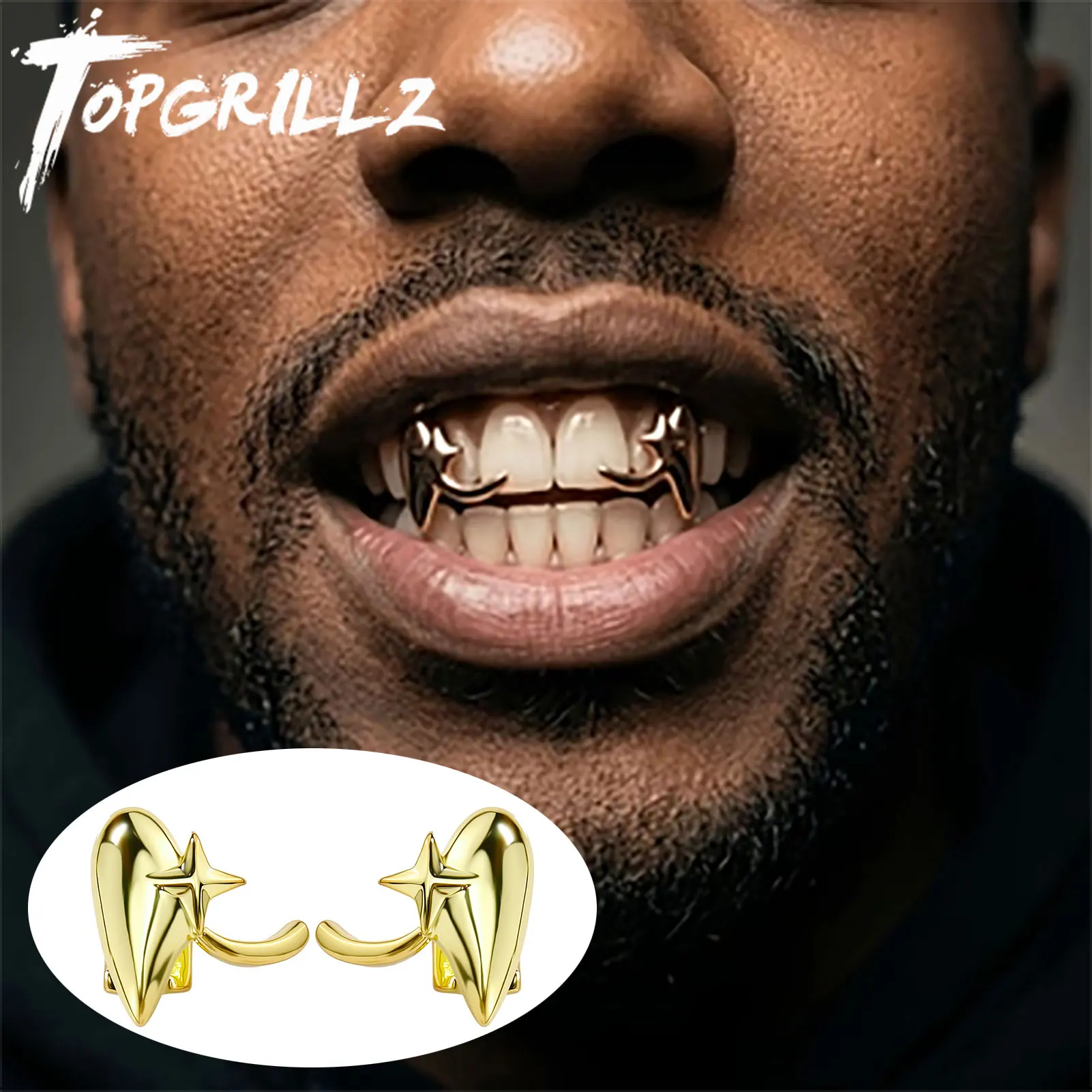 TOPGRILLZ Hip Hop 2pcs Teeth set iced CZ Star Vampire Grillz Top&Bottom shinny Horse Grill Punk Rapper Christmas Gift